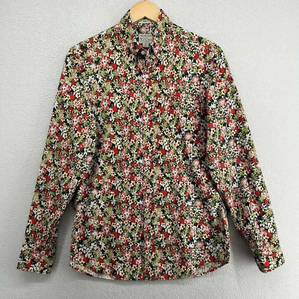 J.CREW Shirt Mens S Slim Stretch Secret Wash Floral Organic Cotton Green